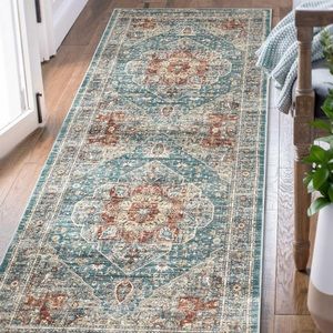 Washable Non Slip Low Pile Runner Rug, 2’x8’, Blue Brown Vintage Pattern